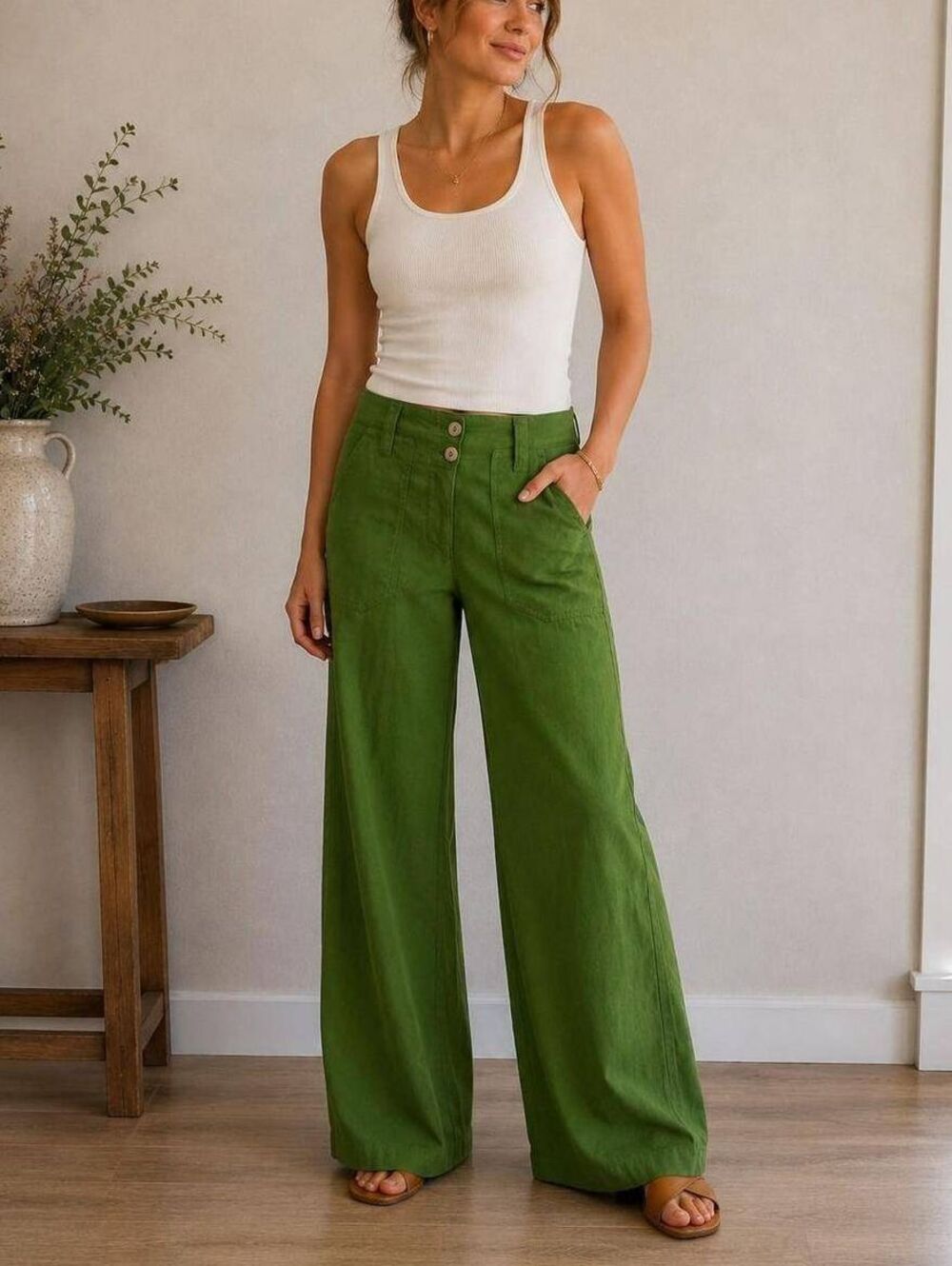 NWT Anthrolpologie Maeve Naomi Pants Green Linen Blend Wide Leg size 22W